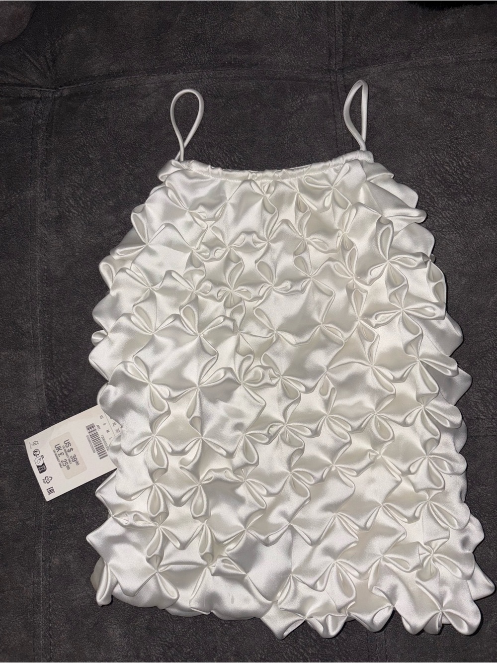 Zara White Satin Ruffle Petal-Textured Cami Top